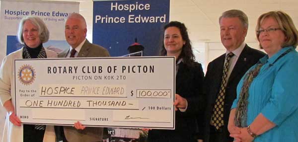 The Rotary Club of Picton presents $100,000 from an entrusted legacy from the late Harry Young. The milestone gift pushed the campaign past $450,000 - more than half way home.
