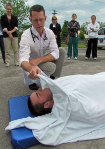 Dr. Darren Lett explained the duties of a coroner on the scene as he prounouced Brewster, PECI's co-president, "dead".