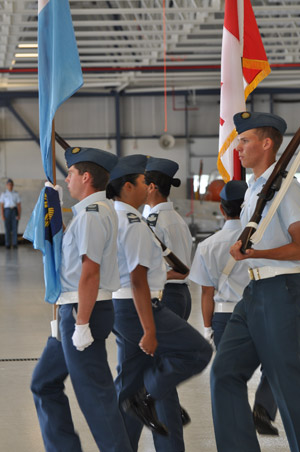 The Colour Party swings itself into formation during the Wings Parade at the Central Region Gliding School at Mountain View last Friday afternoon. Photo Ross Lees