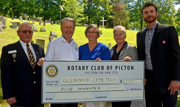 From left, Pat Burrows, President of Branch #78 RC Legion Picton; Rotarian Rick Jones; Rotarian Marion Hughes, Chair of Community Services; Sandra Latchford, Chair of Glenwood Cemetery and Matt Stiff President of Rotary Club of Picton. - Peggy deWitt photo