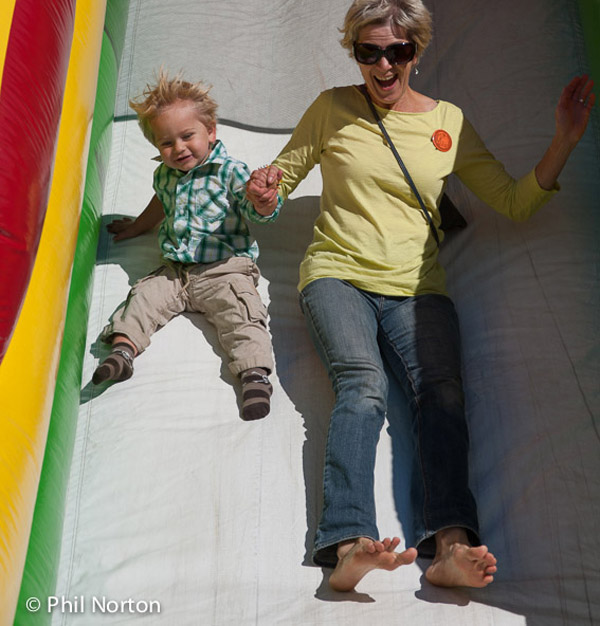 On the big air slide: Grandmother Sabrina Baverstock and Bane Baverstock.