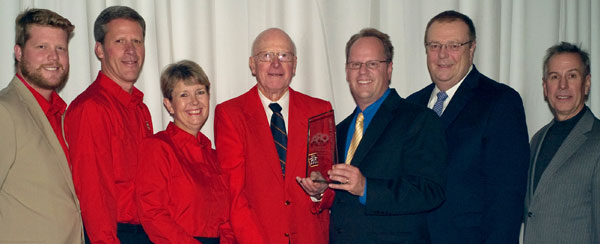 From left, Evan Nash, Ted and Donna Nash, and Tom Nash, all of Wellington Home Hardware; Erik Schlaud and Myron Boswell of Orgill, sponsors of the 2013 Outstanding Retailer Award for Marc Robichaud Community Leader and Michael McLarney, editor of Hardlines and host of the ORAs.
