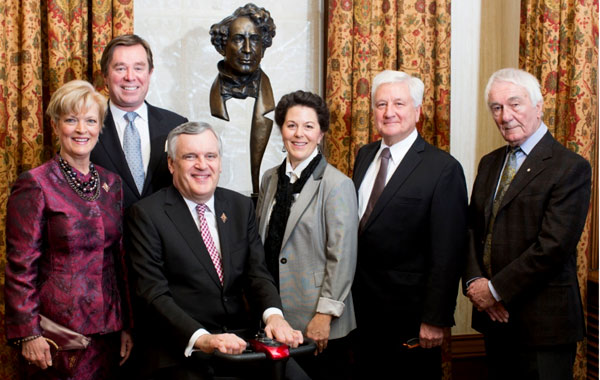 At the unveiling of the Macdonald Bust at the Bencher’s Hall, Osgoode Hall, from left, were: Ruth Ann Onley; Treasurer of the Law Society of Upper Canada, Thomas Conway; Lt.-Gov. David Onley; Ruth Abernethy; David Warrick and Richard Gwyn. 