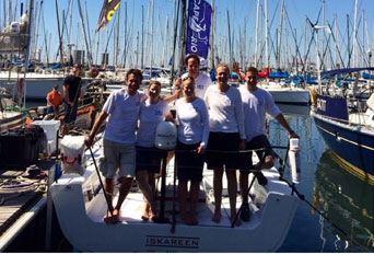 The crew of 'Iskareen' taken the day before the race from Cape Town, South Africa. Sandy Macpherson at far right.