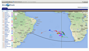 View of the tracker available on the Cape2Rio website showing the surviving boats as they progress across the south Atlantic.