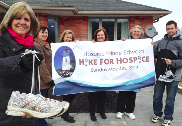 Inviting participants to get a pledge sheet and sign up for Hike for Hospice are: Barbara Boos, Melissa Dunnett, Judy Fraser, Nancy Parks, Birgit Langwisch and Tristan Treasure