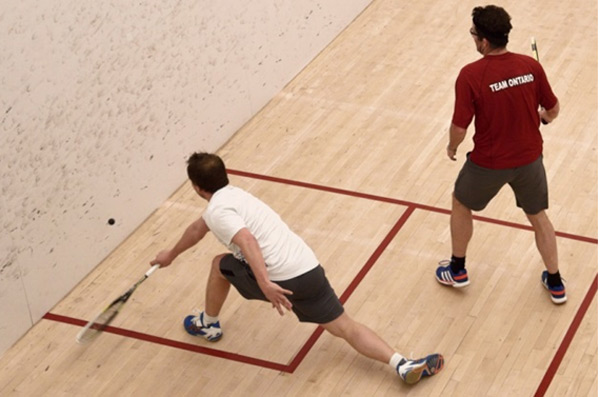 Richard Yendell, left, of Squash Ontario and David Sly, one of the top ranked players in the province, play an exhibition match at the PEFAC second annual squash tournament.