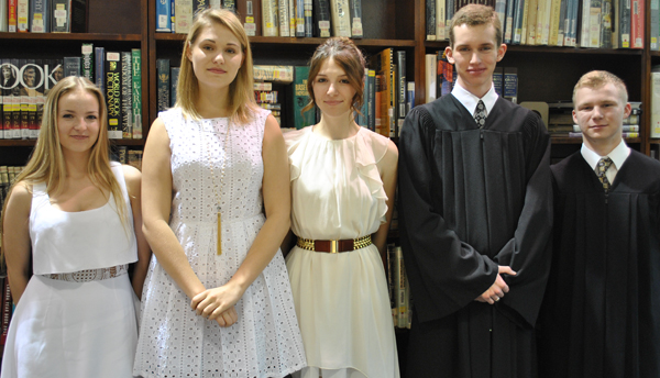 From left, Prince Edward County Albert College graduates, Emily Moffat, Jessica Maurice, Julianne Burns, Spencer Russell, and Nathan Shubert.