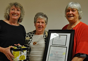 Sue Barclay, and Judy Kent honoured Greta Kristiansen (centre) with an arts council volunteer award.