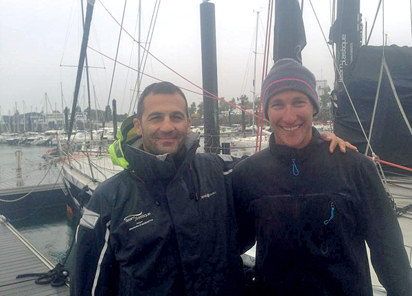 Sandy photos for a photograph at Les Sables with famed solo racer  Alessandro Di Benedetto.  This man, among many feats, sailed a Mini around the world, non-stop, solo, completing half the journey with a jury-rigged mast.