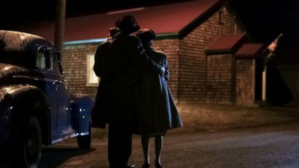 Actors portray Soviet defectors Igor and Svetlana Gouzenko arriving at Camp X (filmed at Camp Picton airbase). Photo courtesy Yap Camp X Productions Ltd