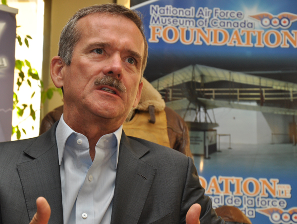 Col. (Ret.) Chris Hadfield speaks to the media at the Quinte Human Resources Professionals Association presentation at the Empire Theatre in Belleville on Sept. 25. - Photo by Ross Lees