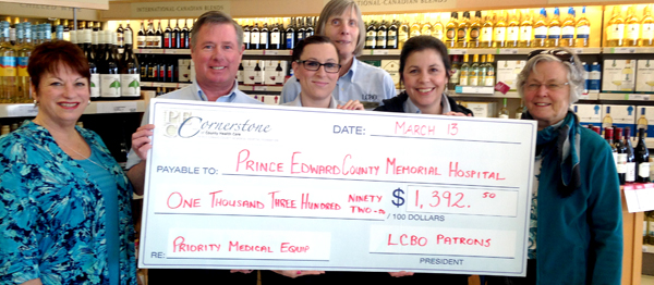 At the donation presentation March 13 at the Picton LCBO location, from left, are: Hazel Lloyst, interim director of development for the PECMH Foundation, Michael McGowan, Shannon Lazure, Judy Reeks and Michelle Lavender on behalf of LCBO Picton, and Fran Donaldson, vice-chair of the PECMH Foundation. Absent from the photo is the LCBO's Betsy Cole. Briar Boyce photo