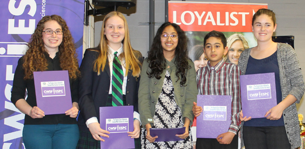 Quinte Science and Technology Fair winners headed for the national competition in May, from left, are: Sara Evans, Prince Edward Collegiate Institute; Alex Schneider, Albert College; Meera Moorthy, HJC Destinations; Aiden Haddad, HJC Destinations and Holly Tetzlaff, ENSS