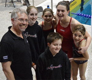 Dolphins Faith Elsbury, Annika Hudgin, Abby Taylor, Yelena Hudgin with coach Jim Anfield and McKinley Miller. Gil Taylor photo