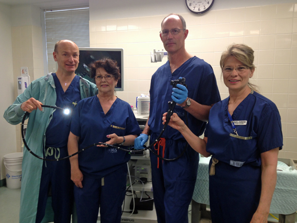 Pictured launching the Life Savers Campaign holding a colonoscope in the endoscopy department at PECMH from left, Anaesthetist, Dr. Jack McGugan, Cheryal Summers, RN, Dr. Doug Cleminson, chair of the endoscopy department and Delores Chalmers, RN and team leader of the endoscopy department at PECMH. The Foundation is appealing to the public to assist with the replacement of  urgently needed scopes at PECMH. The cost to replace this essential equipment for the day surgery program is more than $205,000.