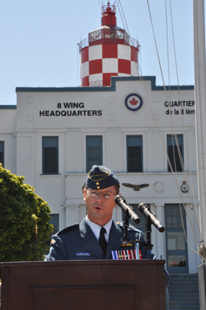 Brigadier General David Lowthian said farewell to 8 Wing/CFB Trenton Tuesday morning in a ceremony full of pomp and pageantry. Brig.-Gen. Lowthian is shown here making his speech with the 8 Wing headquarters building and the signature water tower in the background. Ross Lees photo
