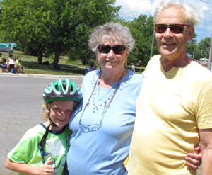 For the third year, Max Burris, from Calgary took the soapbox challenge while here in the County to visit grandparents Elwood and Peggy Burris. He is shown here with Peggy and event organizer Bill McMahon.