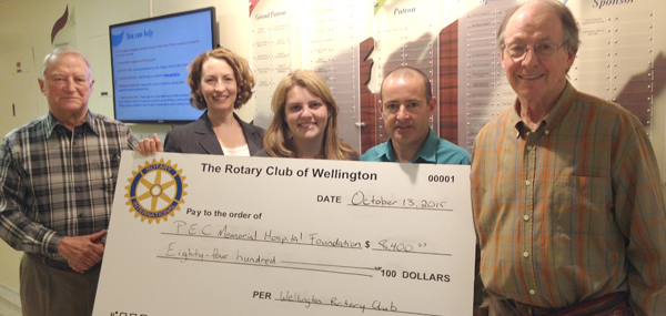 'Grapeful' at the Prince Edward County Memorial Hospital, from left, Leo Finnegan, chair of the Foundation, Penny Rolinski, executive director of the Foundation, Lesley Harrison, president of the Wellington Rotary Club, Alex Lacher, vice president of the Wellington Rotary Club and Barry Davidson, director and membership chair for the Rotary Club. Briar Boyce photo