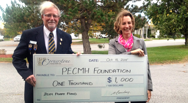 George Sainsbury, president of the Royal Canadian Legion Branch 160 in Wellington presents $1,000 to Penny Rolinski, executive director of the PECMH Foundation. The funds will be directed to the Foundation’s current LIFE SAVER Campaign for $350,000 worth of replacement equipment at PECMH. Briar Boyce photo
