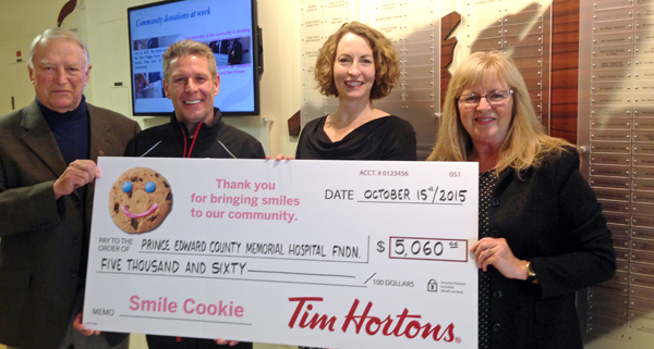 Paul and Valerie Massey, owners of the Tim Hortons in Picton, presented $5,060 to Leo Finnegan, chair of the PECMH Foundation and Penny Rolinski, executive director of the Foundation. -Briar Boyce photo