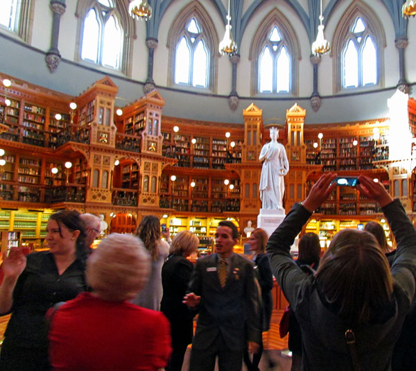 The Library of Parliament is a showpiece of high Victorian Gothic Revival architecture. The statue in the centre of the circular, domed room, is of a young Queen Victoria.