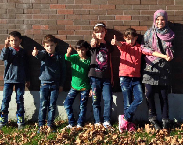 Mijed, Bachar, Alaa, Siham, Walaa, and Rahaf on their first day of school at Pinecrest