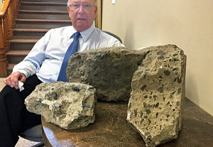 Mayor Quaiff with concrete he encountered on Highway 49 in February 2016.
