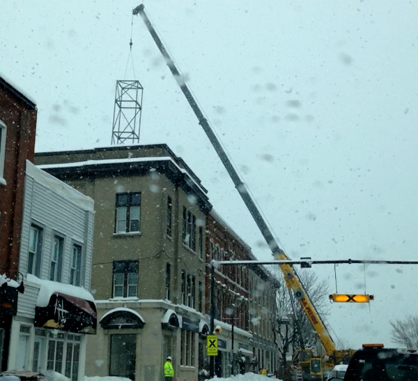 Priestly Demolition Inc. is installing shoring towers as part of the re-development of the Royal Hotel. A crane is required during installation, and traffic lanes will be shifted around the site.-Dale Miller photo