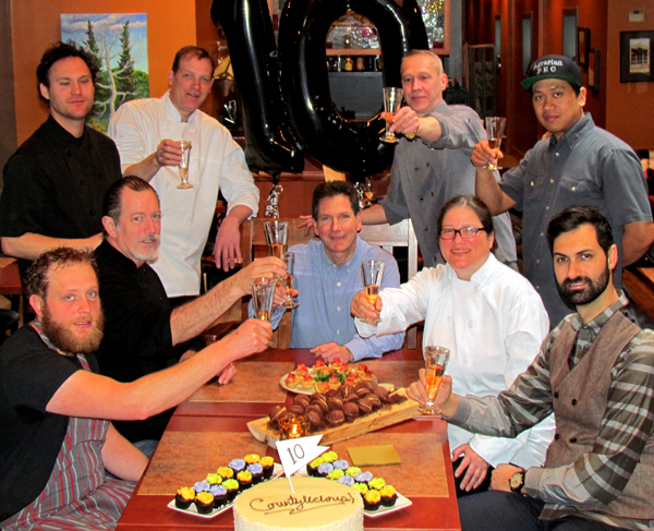 From left: Elliott Reynolds (The Hubb); Dave Lewis (East & Main Bistro); Chris Harvey (Clara’s); Michael Sullivan and Edward Shubert (Merrill Inn); Roy Pennell (Portabello); Lili Sullivan (Gazebo Restaurant, Waupoos Estates Winery); Paul Tobias (Agrarian); and Jordan Malka (Drake Devonshire).