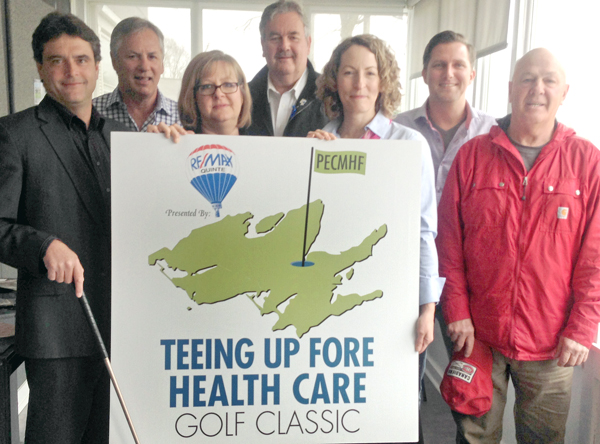 Declaring registration for the 2016 Teeing Up Fore Health Care golf classic open are back row, from left: Sean McKinney, owner and broker of record for RE/MAX, Herb Pliwischkies and Tony Scott, sale representatives. Front row from left, Jeff Snider, on behalf of title sponsor Wilkinson & Company, Rachel Henry, marketing manager of the Wellings of Picton, Penny Rolinski, executive director of the PECMH Foundation and Ron Norton, sales representative with RE/MAX Quinte. Briar Boyce photo