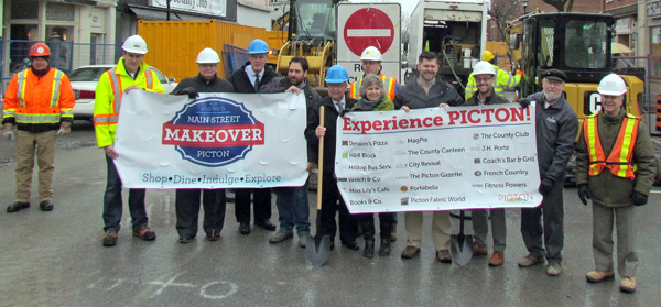 At the ceremonial start to the Main Street Picton construction and BIA campaign, from left, are: Justin Haight, Project Manager, Taggart Construction; Robert McAuley, Commissioner of Engineering, Development & Works, PEC; James Hepburn, CAO, PEC; Councillor Lenny Epstein; Mayor Robert Quaiff; Matthew McIntosh, Greer Galloway; Penny Morris, Owner of Penny’s Pantry; Rick Szabo, Owner of Vic Café; Neil Carbone, Director of Community Development, PEC; Councillor Gord Fox; and Joe Angelo, Project Manager, PEC.