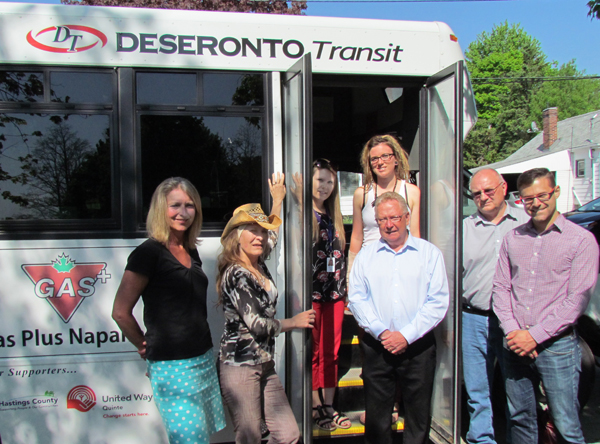 Announcing the launch of new Deseronto Transit bus stop signs, from left, are: Grace Nyman, Community Development Coordinator with Susan Stolarchuck of Deseronto Transit, Brittany Roberts, Community Care for Seniors, Sami Lester, Quinte Youth Unlimited - PECI, Mayor Robert Quaiff, Deseronto Transit Driver Rob Roblin and Neil Carbone, Community Development Director.