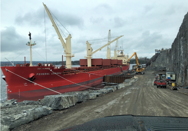 From the Picton Terminals website: Our first vessel of the 2016 shipping season the Federal Caribou (FC). The FC journey originated in Korea early February and is coming to Picton Terminals (about 50 days sailing) with 5000 MT of steel beams and steel pipe for local steel distributor Kimco Steel. With the arrival of this cargo at PT, we will remove 54,000 KMs from Ontario Highways and 153.9 KGs of volatile greenhouse gases which otherwise would have transpired from heavy trucks by using previous shipping practices.