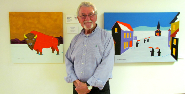 Terry Culbert with his two entries. Of the Jurors Award winning "Longjohn Leroy" the jurors said his "painting is fun and lively, and wonderfully well-executed. The image is graphic and strong, and stays in one's memory."