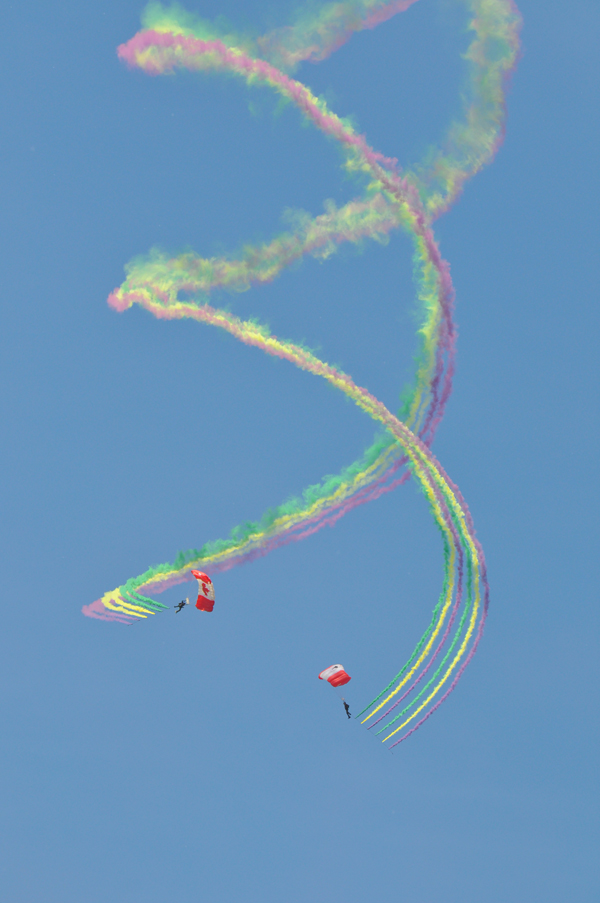 Colourful SkyHawks -  The CAF parachute demonstration team the SkyHawks put on a colourful display at QIAS 2016 and they also dropped Wing Commander Col. Colin Keiver into the show for the official opening ceremony Saturday morning.