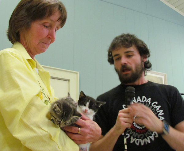 Loyalist Humane's Anne Moffat holds the three kittens as auctioneer Adam Miller took bids for naming rights.