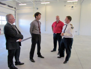 Mayor Robert Quaiff with Dr. Eric Hoskins, Minister of Health, MPP Todd Smith and Doug Socha, Hastings Quinte Paramedic Chief, in the new two-bay facility.