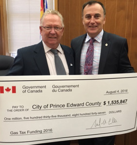 Prince Edward County Mayor Robert Quaiff delighted to receive the Gas Tax funding increase from Bay of Quinte MP Neil Ellis.