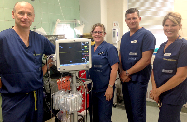 Pictured with the new monitor in the Endoscopy Department at the County Hospital, from left, are: Anaesthetist Dr. Jack McGugan, Shannon Reid, registered practical nurse, Surgeon Dr. Francesco Barnabi and Delores Chalmers, RN and team leader of the endoscopy department at PECMH. Briar Boyce photo