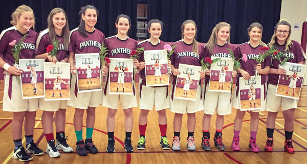 Graduating players, from left, are: Lydia Snider, Vanessa Willis, Kylie Moyer, Allison Hegadorn, Casey Hegadorn, Hannah Smith, Hailey VanRossum, Lynsey Corbin, Mackenzie Leavitt.