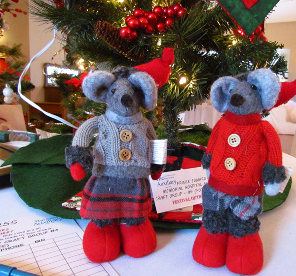 These darling felted mice come with the tree donated by the  PECMH Auxiliary's craft group.