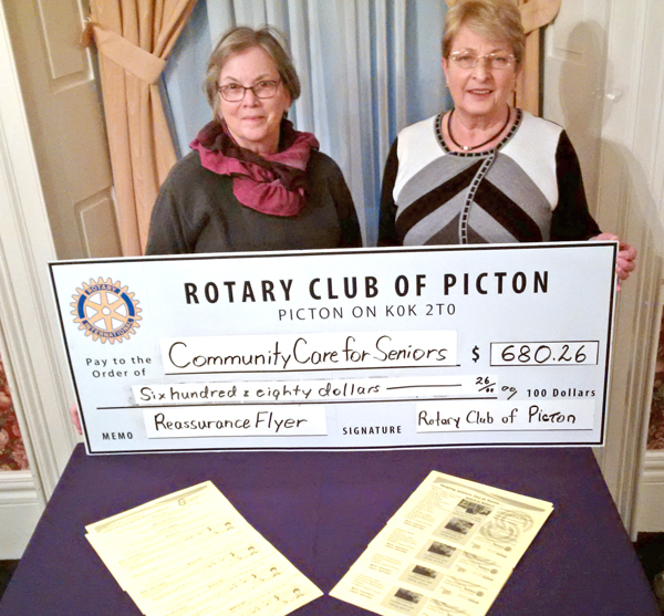 Marion Hughes, President of the Rotary Club of Picton, presents a cheque to Barb‎ Proctor, member of the Community Care for Seniors board of directors. The money was donated by the Rotary Club of Picton to pay for a flyer that will be included in next week's Picton Gazette newspaper.